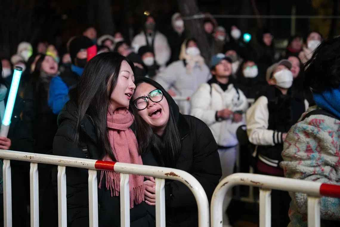 Demonstrators expressing their disappointment after a failed bid to impeach President Yoon Suk Yeol of South Korea, days after his brief declaration of martial law, outside the National Assembly in Seoul, on Dec. 7, 2024. All but three of the 108 members of Yoon's party refused to vote on impeachment, which would have required eight defections to remove him from power.