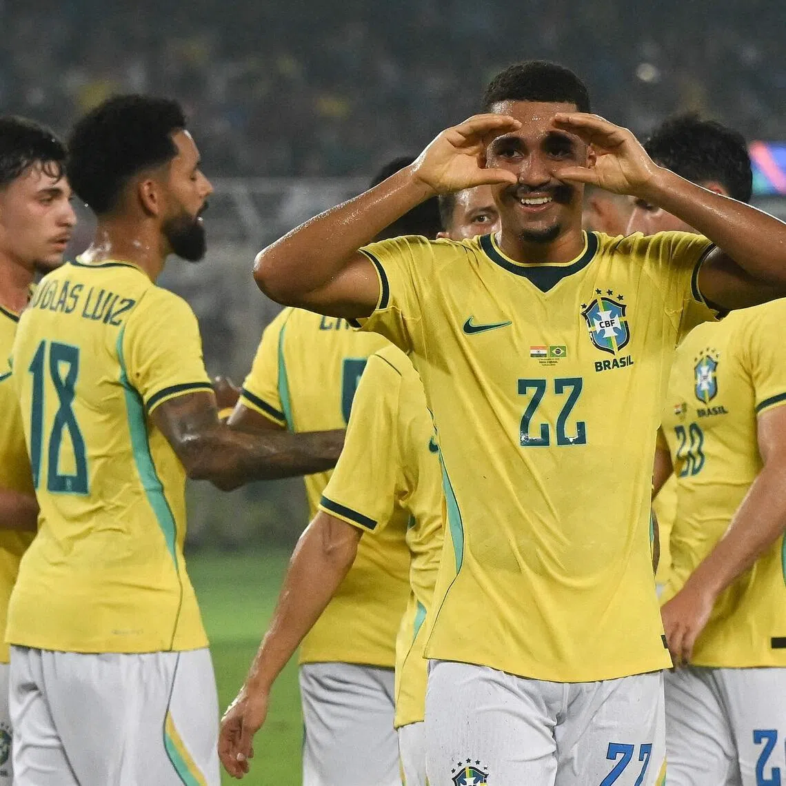 Brazil’s forward Samuel Lino gesturing after scoring a goal during the 4-0 friendly win over India in Kolkata on Oct 3.