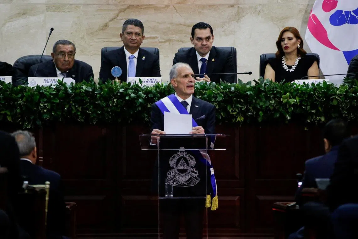 Honduras' new President Nasry Asfura delivers a speech during his swearing in ceremony at the Congress building in Tegucigalpa, Honduras, January 27, 2026. REUTERS/Leonel Estrada