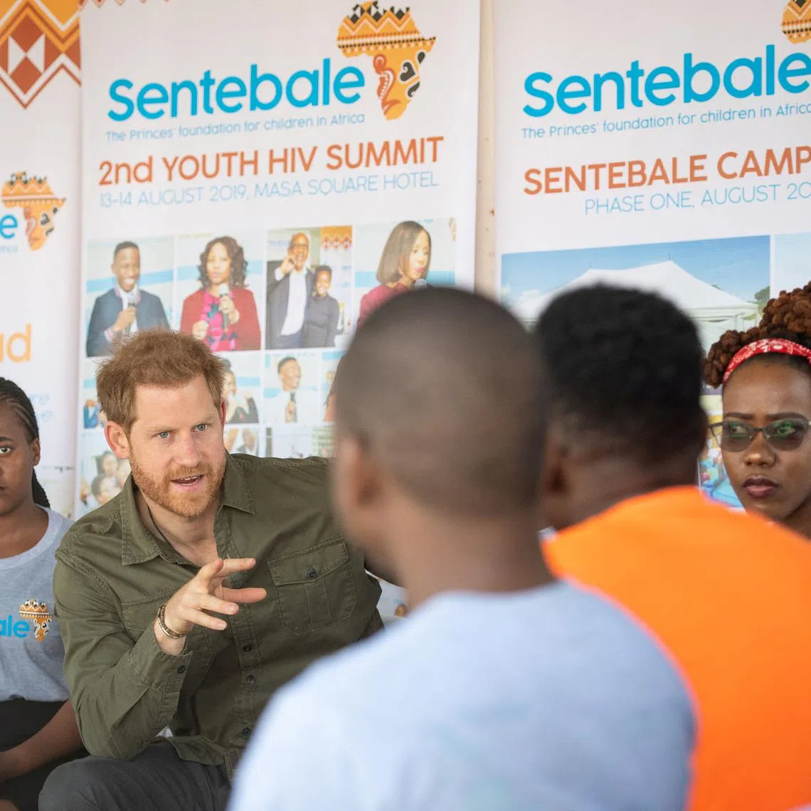 FILE PHOTO: The Duke of Sussex joins in a confidence building exercise with young people at the Kasane Health Post, run by the Sentebale charity, in Kasane, Botswana, September 26, 2019. Dominic Lipinski/Pool via REUTERS/File Photo