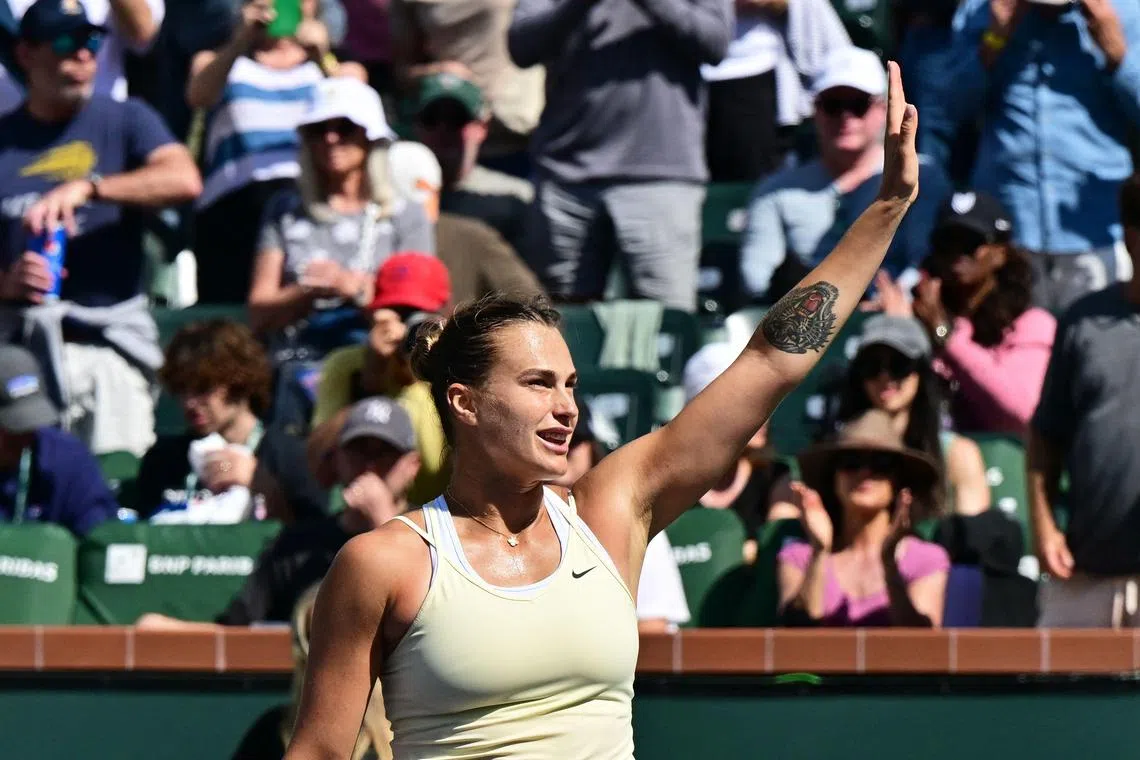 Aryna Sabalenka of Belarus acknowedges the crowd after defeating the US' Coco Gauff.