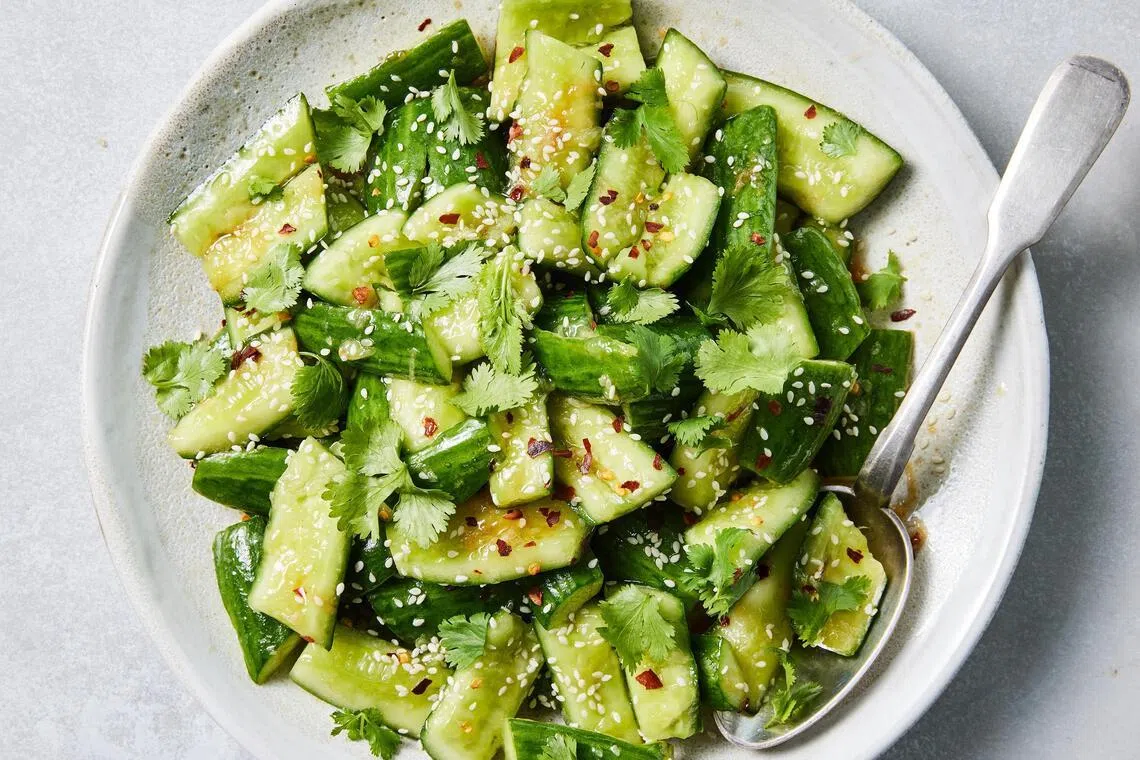 Chinese smashed cucumbers with sesame oil and garlic.