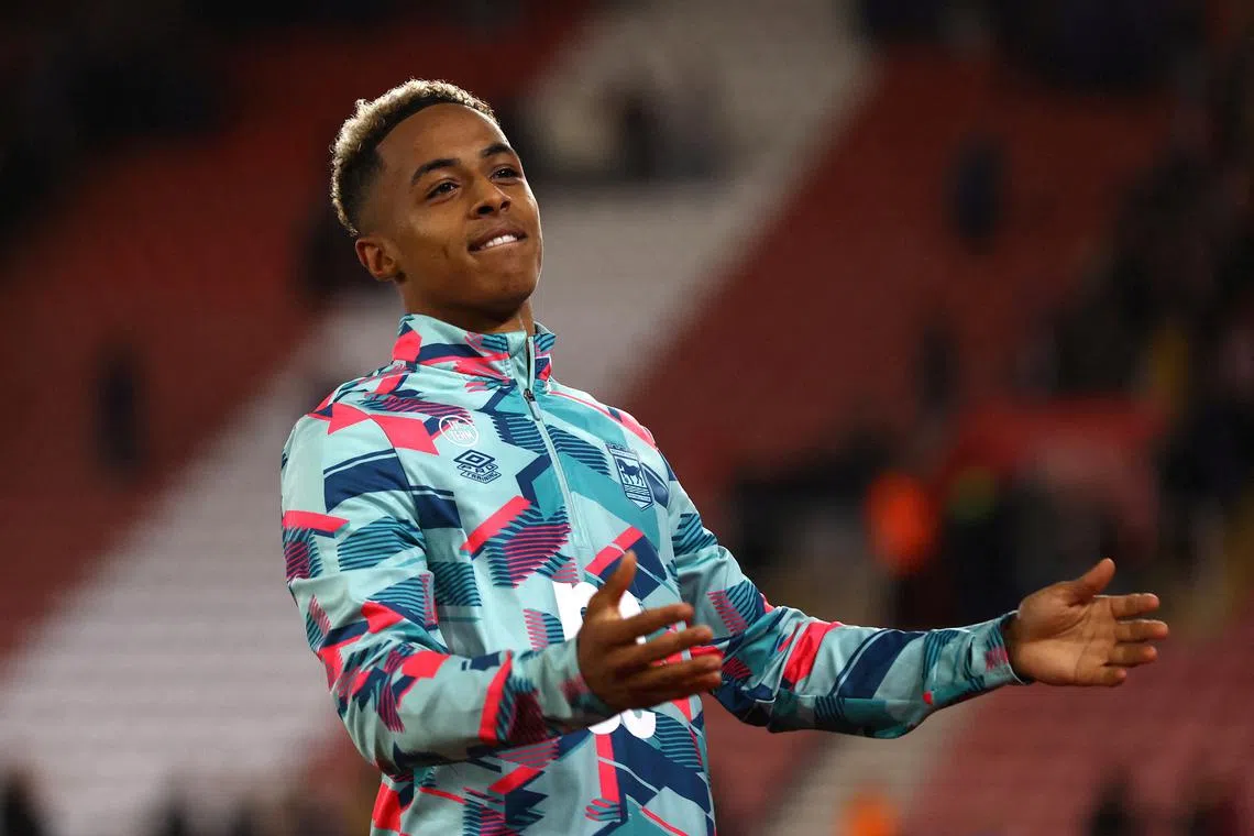 FILE PHOTO: Soccer Football - Championship - Southampton v Ipswich Town - St Mary's Stadium, Southampton, Britain - September 19, 2023 Ipswich Town's Omari Hutchinson celebrates after the match  Action Images/Matthew Childs  EDITORIAL USE ONLY. No use with unauthorized audio, video, data, fixture lists, club/league logos or \"live\" services. Online in-match use limited to 75 images, no video emulation. No use in betting, games or single club/league/player publications.  Please contact your account representative for further details./File Photo