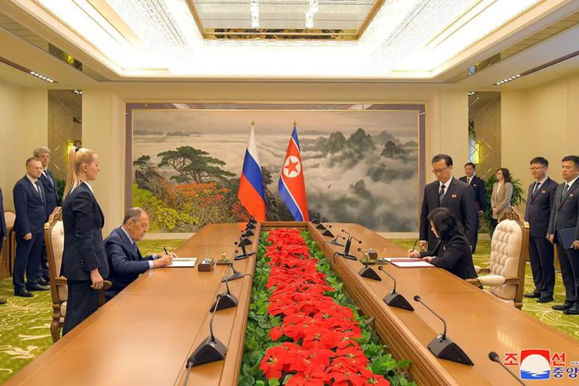 FILE PHOTO: North Korean Foreign Minister Choe Son Hui meets with Russian Foreign Minister Sergei Lavrov in Pyongyang, North Korea,  in this photo released by North Korea's Korean Central News Agency (KCNA) on October 20, 2023.  KCNA via REUTERS /File Photo