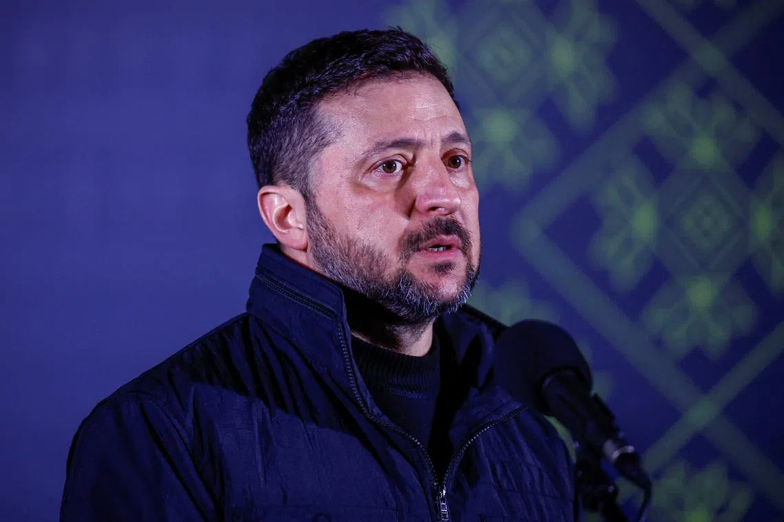 Ukraine’s President Volodymyr Zelenskiy speaks to media after he shared an iftar, meal to break fast at sunset, during the holy month of Ramadan, with Ukrainian Muslim service members, near a mosque in Kyiv, Ukraine March 2, 2026. REUTERS/Alina Smutko