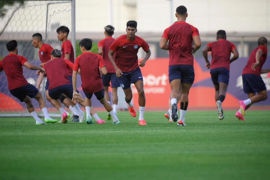 Singapore's Iqbal Hussain training at the Bishan Stadium ahead of Friday's international friendly against Tajikistan.