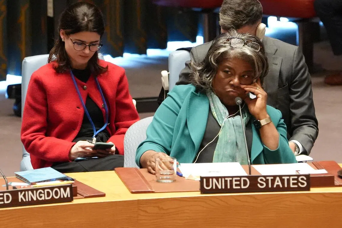 US Ambassador to the United Nations Linda Thomas-Greenfield at the UN Security Council meeting on Oct 28. At the meeting, she warned Tehran that the US believes that Israel's Oct 26 retaliatory attack against Iran  "should be the end of the direct exchange of fire" between the two sides. 