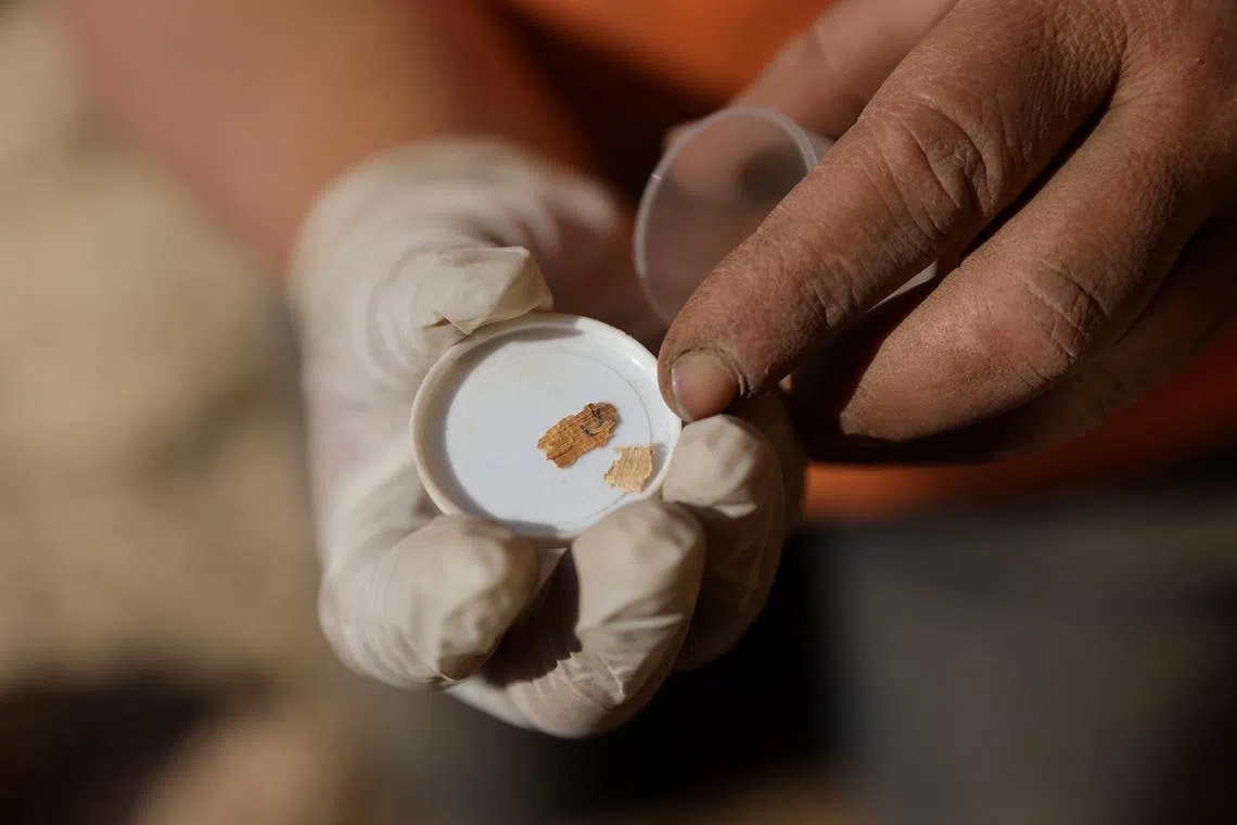 A volunteer of the Israel Antiquities Authority holds pieces of ancient papyrus paper with a letter found in the Murabba'at cave in the Judean Desert near Metzuki Dargot village, close to the Dead Sea, Israel, 28 December 2022. 