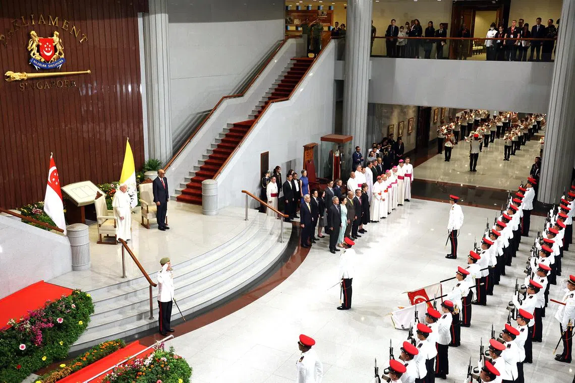 The welcome ceremony for Pope Francis was held at the Parliament House on Sept 12, 2024.