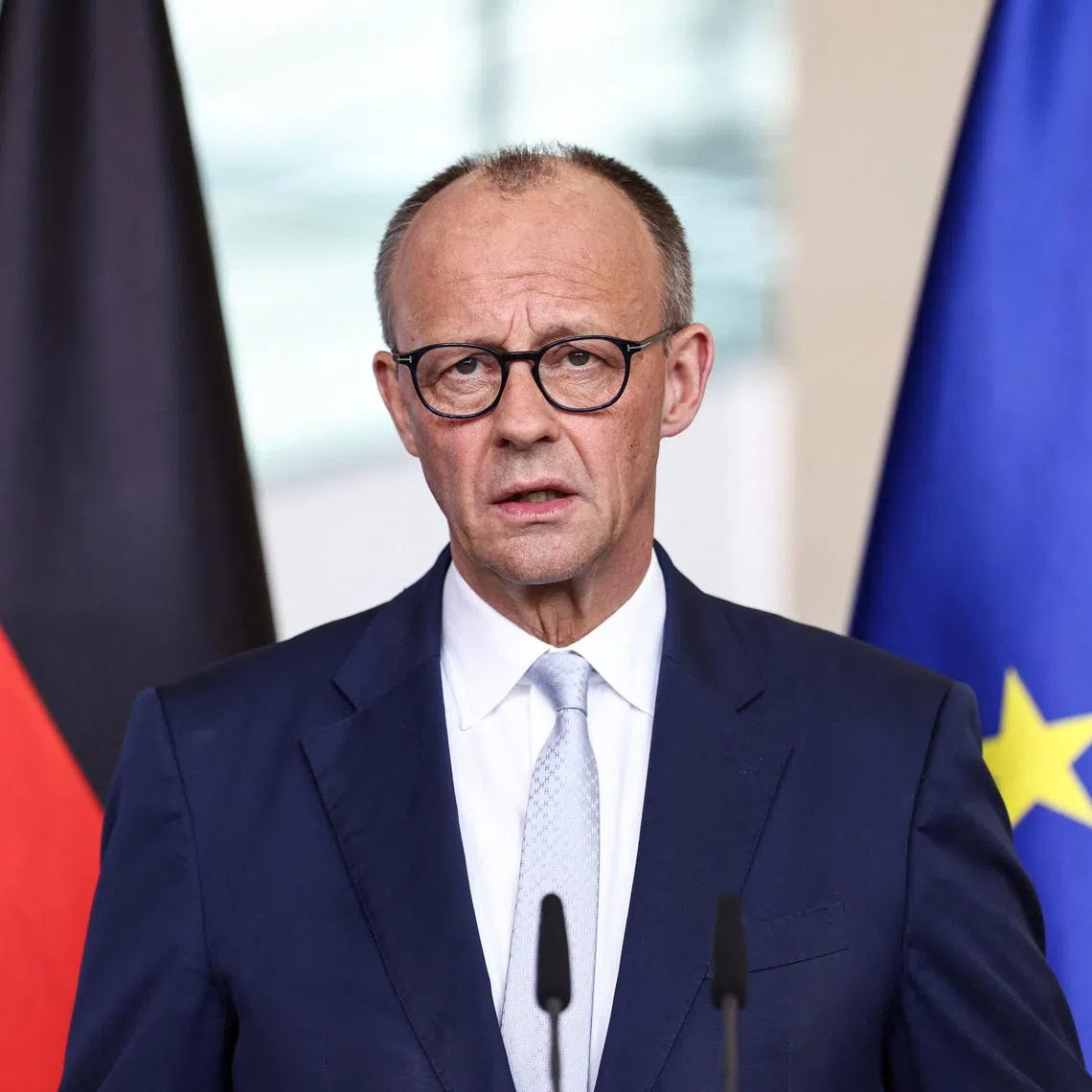 German Chancellor Friedrich Merz speaks to the media about the current developments in domestic and foreign politics, in Berlin, Germany, April 9, 2026. REUTERS/Nadja Wohlleben