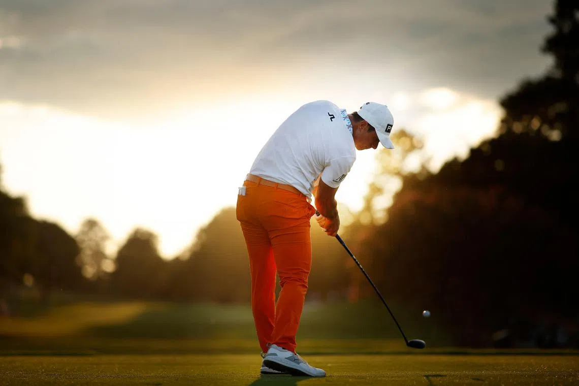 Viktor Hovland of Norway plays his shot from the 16th tee during the third round of the Tour Championship.