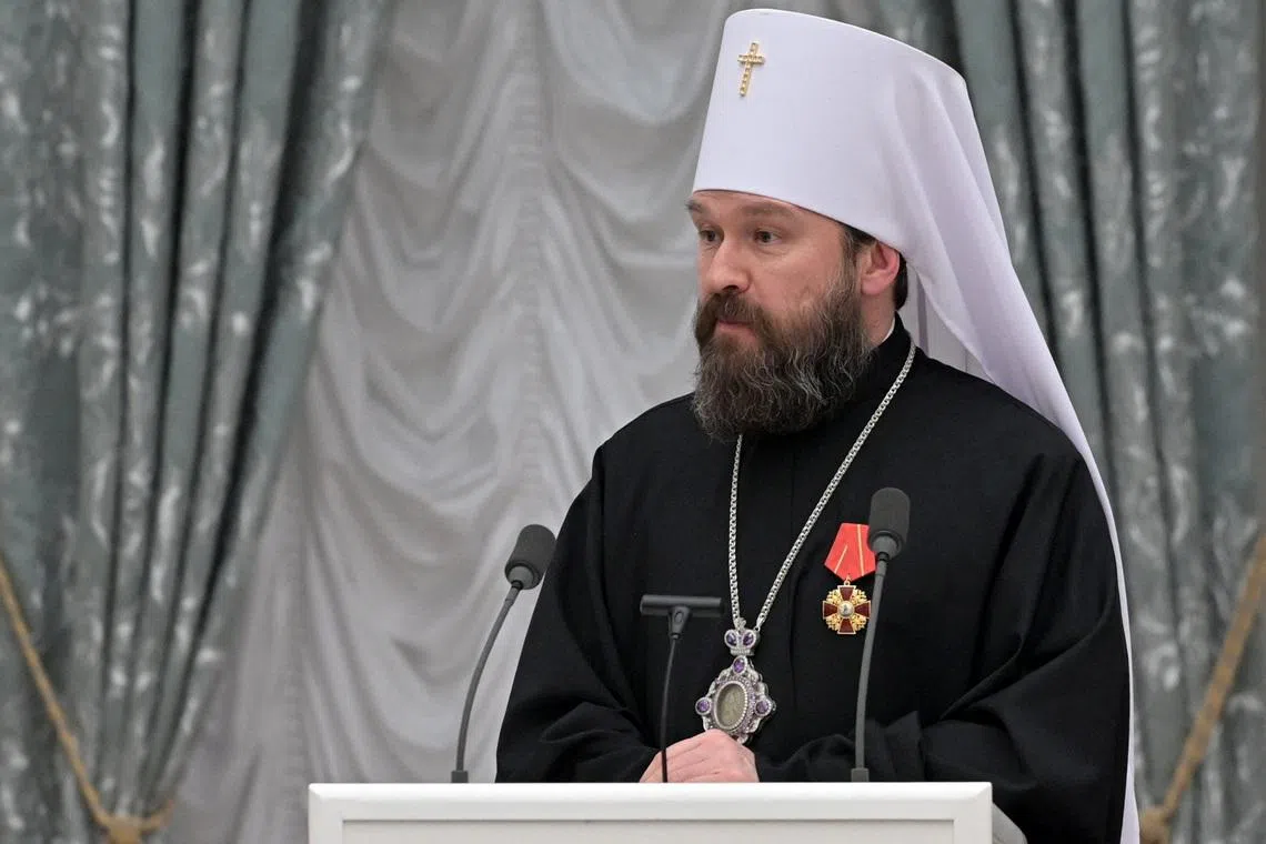 FILE PHOTO: Chairman of the Moscow Patriarchate's external relations department Metropolitan Hilarion, whose secular name is Grigory Alfeyev, takes part in an awarding ceremony led by Russia's President Vladimir Putin at the Kremlin in Moscow, Russia, February 2, 2022. Sputnik/Alexei Nikolsky/Pool via REUTERS