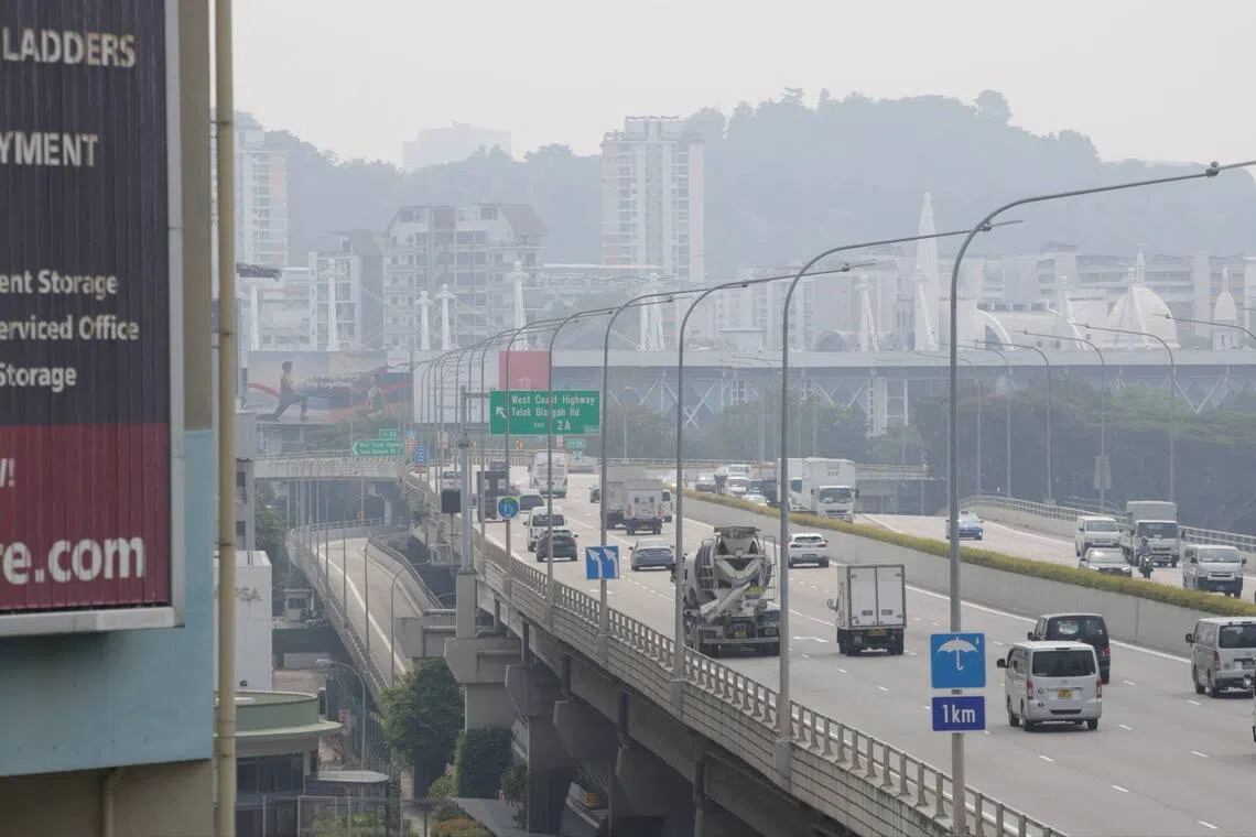 Hazy conditions seen from Tanjong Pagar Distripark towards Bukit Purmei and Mount Faber at 3.02pm on Sept 15.