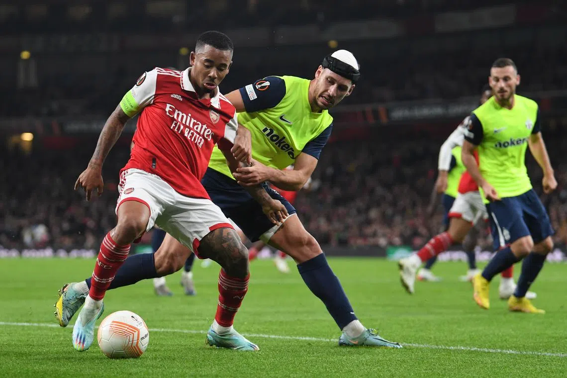 Arsenal’s Gabriel Jesus and FC Zurich's Nikola Katic during the Europa League match at the Emirates Stadium on Nov 3, 2022.