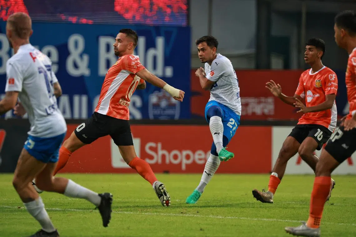 Lion City Sailors’ Adam Swandi (centre) scoring his team’s second goal against Hougang United during a Singapore Premier League match at Bishan Stadium on June 25, 2023.

ST PHOTO: KEVIN LIM