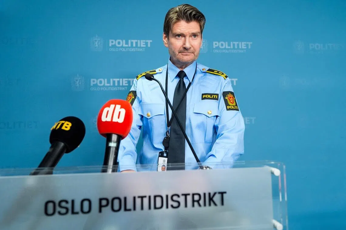 Police prosecutor Christian Hatlo addressing a press briefing on March 11 regarding a March 8 explosion at the US embassy in Oslo.
