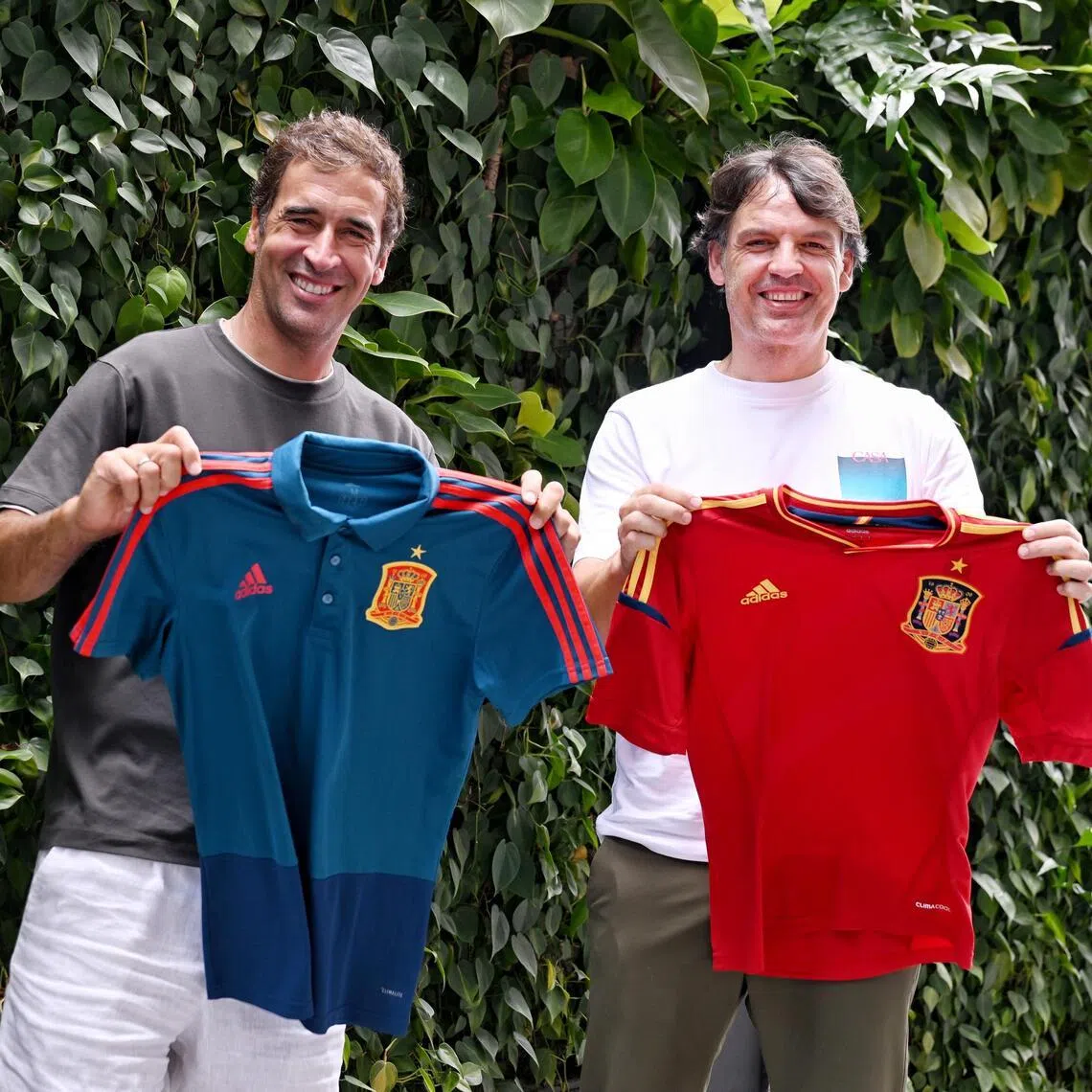Spain football legends Raul Gonzalez (left) and Fernando Morientes are in Singapore from July 4-6 for the Football For Good initiative.