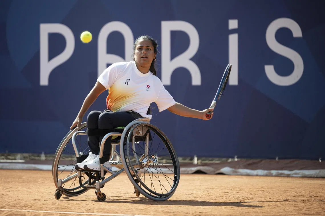 Swiss wheelchair tennis player Nalani Buob during a training session ahead of the 2024 Paris Paralympics.