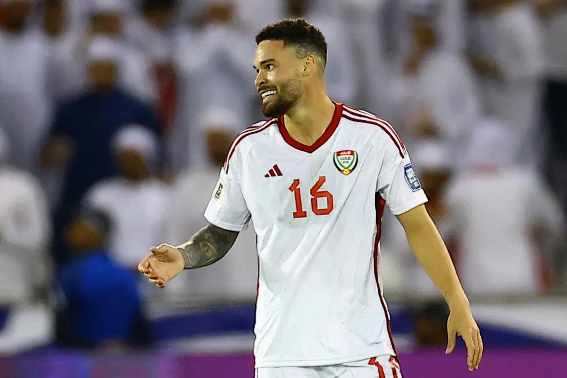 Soccer Football - FIFA World Cup - AFC Qualifiers - Group A - United Arab Emirates v Oman - Jassim Bin Hamad Stadium, Doha, Qatar - October 11, 2025 United Arab Emirates' Marcus Meloni celebrates scoring their first goal REUTERS/Ibraheem Al Omari