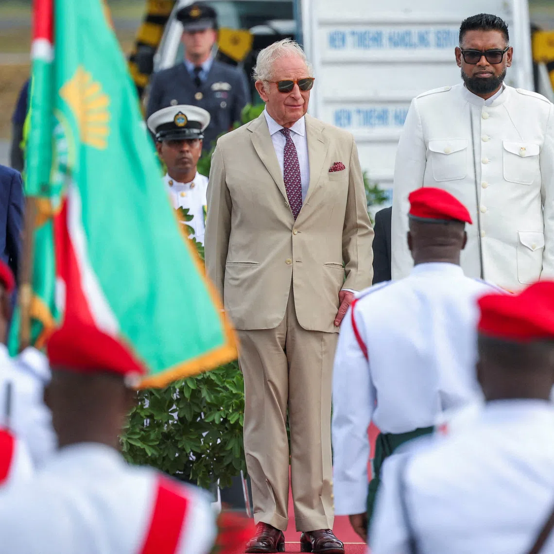Britain's King Charles meets with Guyana's President Mohamed Irfaan Ali upon arrival in Guyana for a state visit during a tour of Caribbean nations that will also take him to Antigua and Barbuda for the Commonwealth Heads of Government Meeting (CHOGM), at the Cheddi Jagan International Airport (GEO) in Timehri, Guyana, October 29, 2026. REUTERS/Isabel Infantes