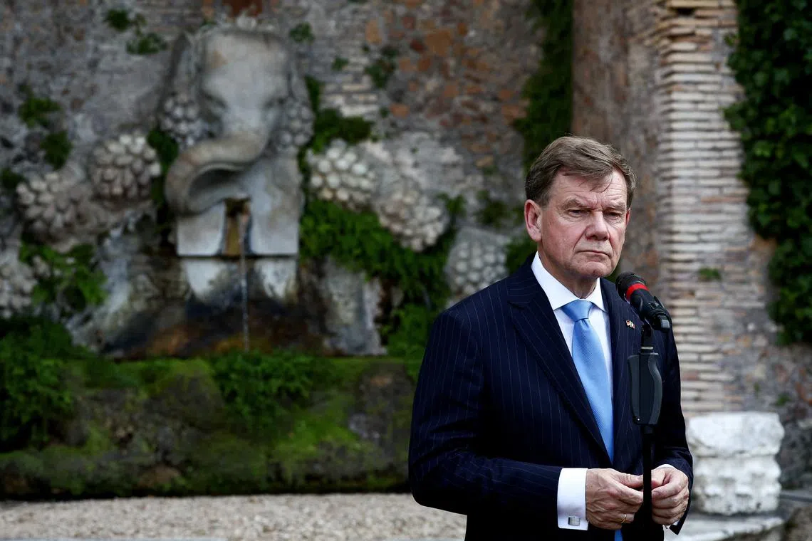 FILE PHOTO: Germany's Foreign Minister Johann Wadephul stands to speak to the media after a bilateral meeting with Italy's Foreign Minister Antonio Tajani (not pictured) at Villa Madama in Rome, Italy, June 12, 2025. REUTERS/Guglielmo Mangiapane/ File Photo