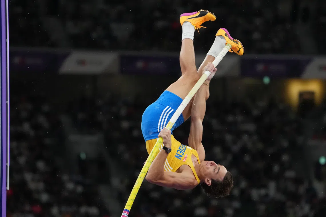 Sep 13, 2025; Tokyo, Japan; Armand Duplantis (SWE) in qualifying for the men’s pole vault during the World Athletics Championships at National Stadium. Mandatory Credit: Kirby Lee-Imagn Images
