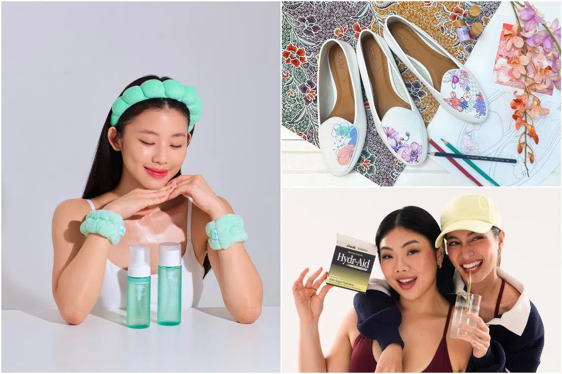 (Clockwise from left) Jung Beauty Purifying Bubble Cleanser and Micellar Water, Palola x DeelyDelly's Vanda Miss Joaquim-inspired loafers, Moom Health x Cheak's electrolyte and athleisure capsule collection. 