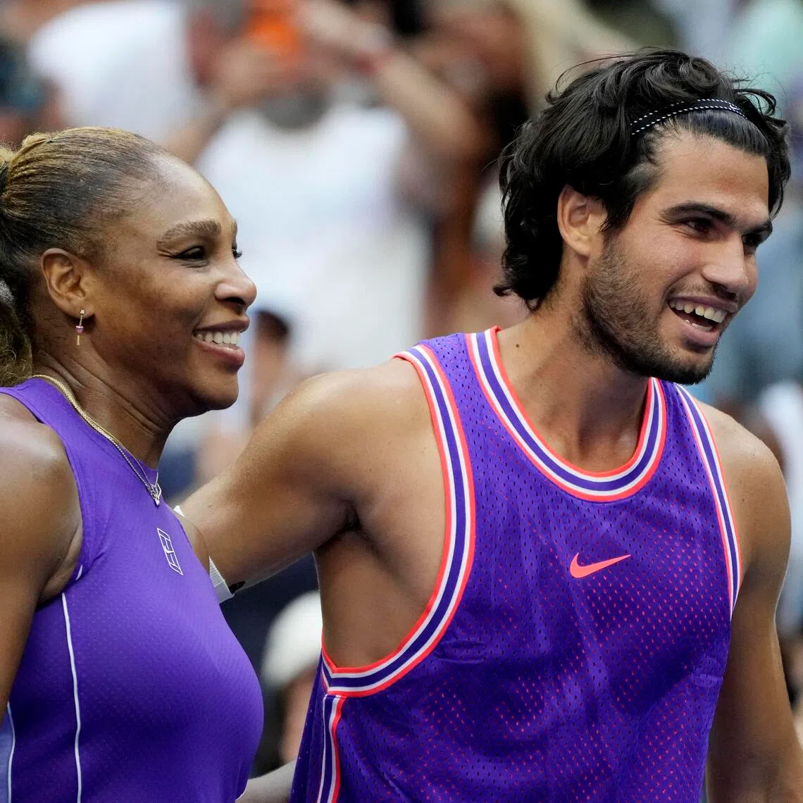 Spain’s Carlos Alcaraz and Serena Williams of the US celebrate winning their mixed doubles match against Britain’s Lloyd Glasspool and New Zealand’s Erin Routliffe on Aug 25.