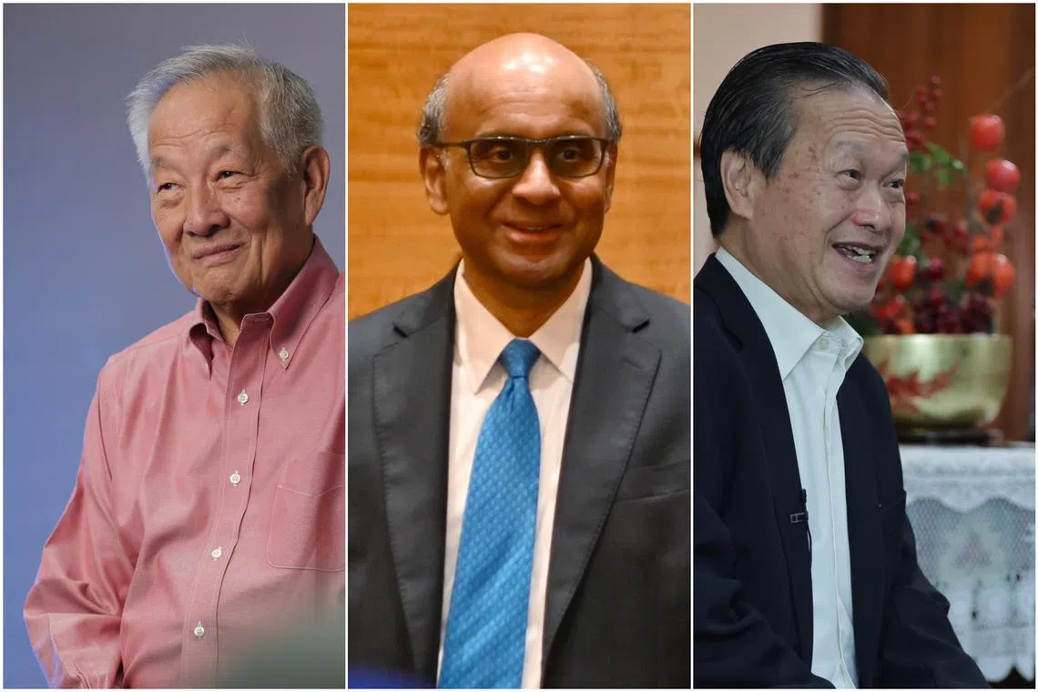(From left) Former GIC investment chief Ng Kok Song,  former senior minister Tharman Shanmugaratnam and former NTUC Income chief Tan Kin Lian received their certificates of eligibility.