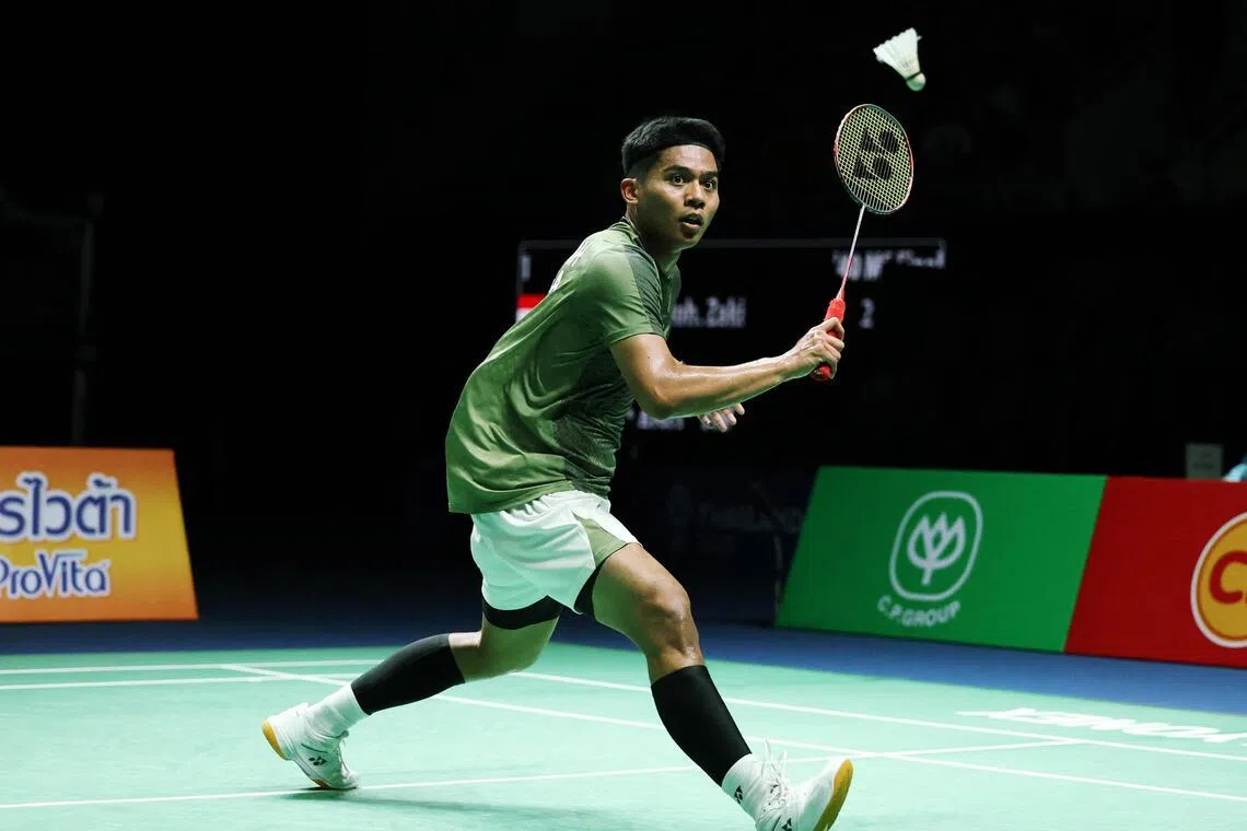Indonesia's Zaki Ubaidillah in action during the 2025 SEA Games men's singles final against compatriot Alwi Farhan at Thammasat University Rangsit Campus on Dec 14, 2025.