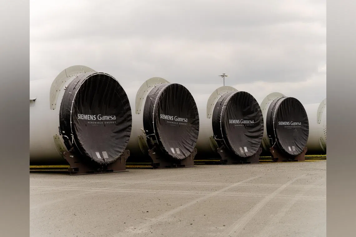 Wind turbine blades at the Siemens Gamesa factory in Hull, England, on July 1, 2024. 