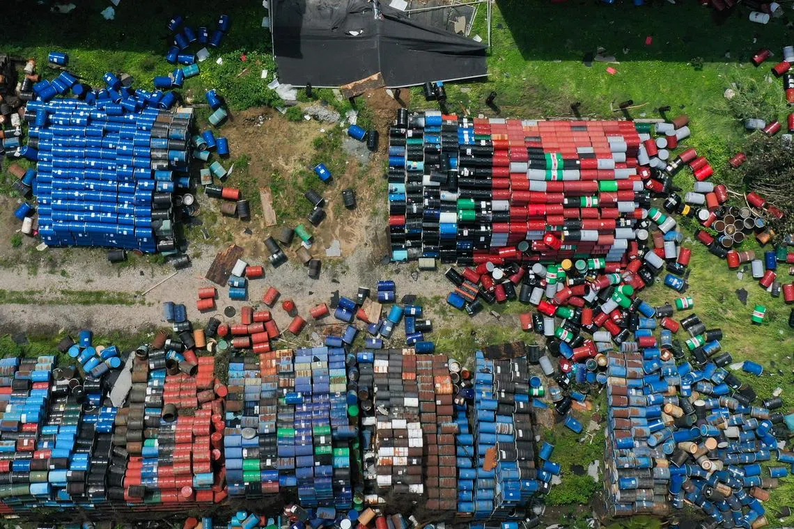 An aerial image showing scattered barrels damaged from a tornado during a winter storm in Montebello, a city in Los Angeles County, California on March 23, 2023.  A tornado ripped off roofs and swept away vehicles in a Southern California town on March 22, 2023 as a storm raged through the western United States, which has already been hit hard by a series of weather events.
