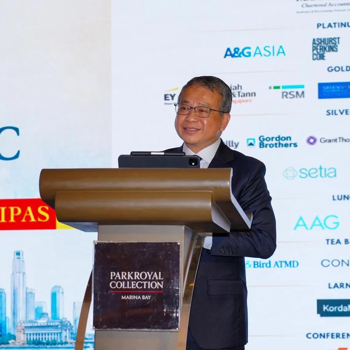 Law Minister Edwin Tong speaking at the Singapore Insolvency Conference on Oct 21.