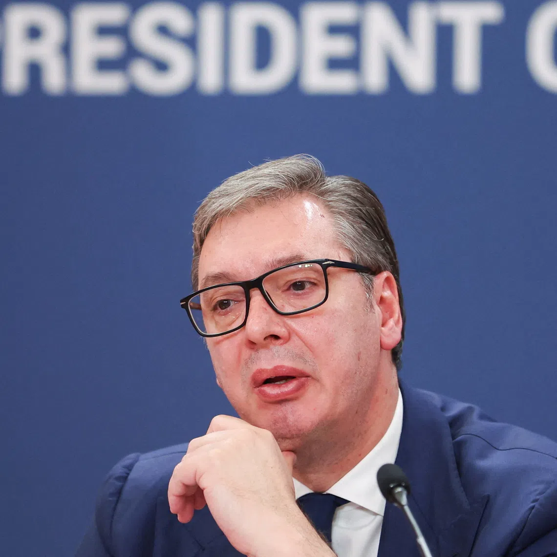 FILE PHOTO: Serbia's President Aleksandar Vucic speaks during a press conference in Belgrade, Serbia,  October 22, 2025. REUTERS/Zorana Jevtic/ File Photo