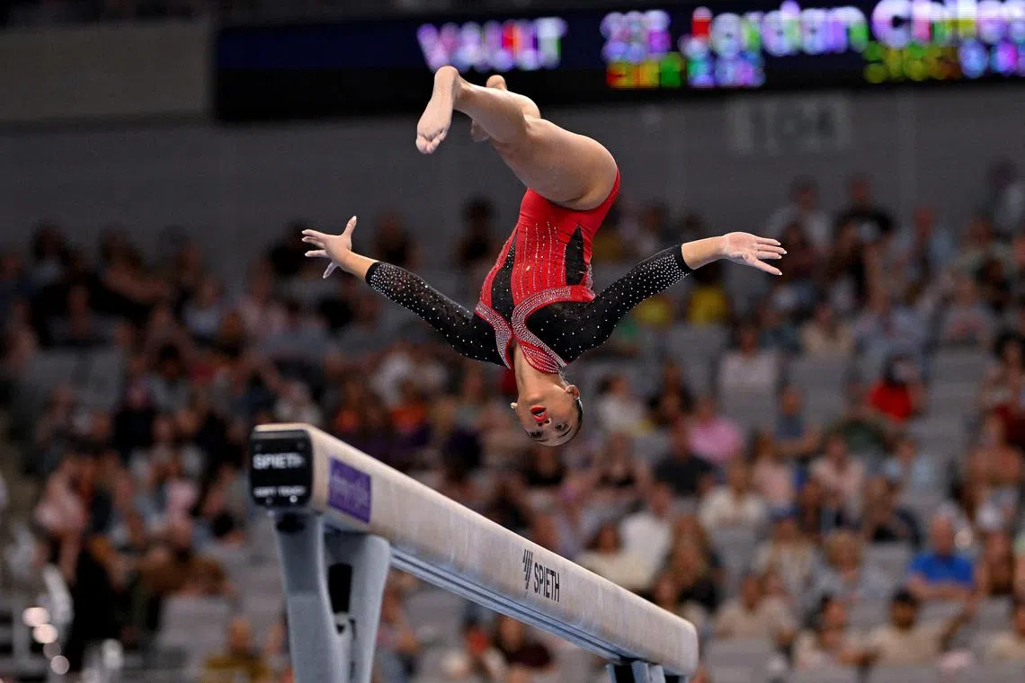 FILE PHOTO: Jun 2, 2024; Fort Worth, Texas, USA; Sunisa Lee of Midwest Gymnastics Center  performs on balance beam during day two of the women’s 2024 Xfinity U.S. Gymnastics Championships at Dickies Arena. Mandatory Credit: Jerome Miron-USA TODAY Sports/File Photo