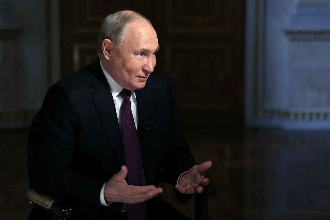 Russian President Vladimir Putin gives an interview to Rossiya Segodnya news agency in Moscow, Russia, March 12, 2024. Sputnik/Gavriil Grigorov/Pool via REUTERS