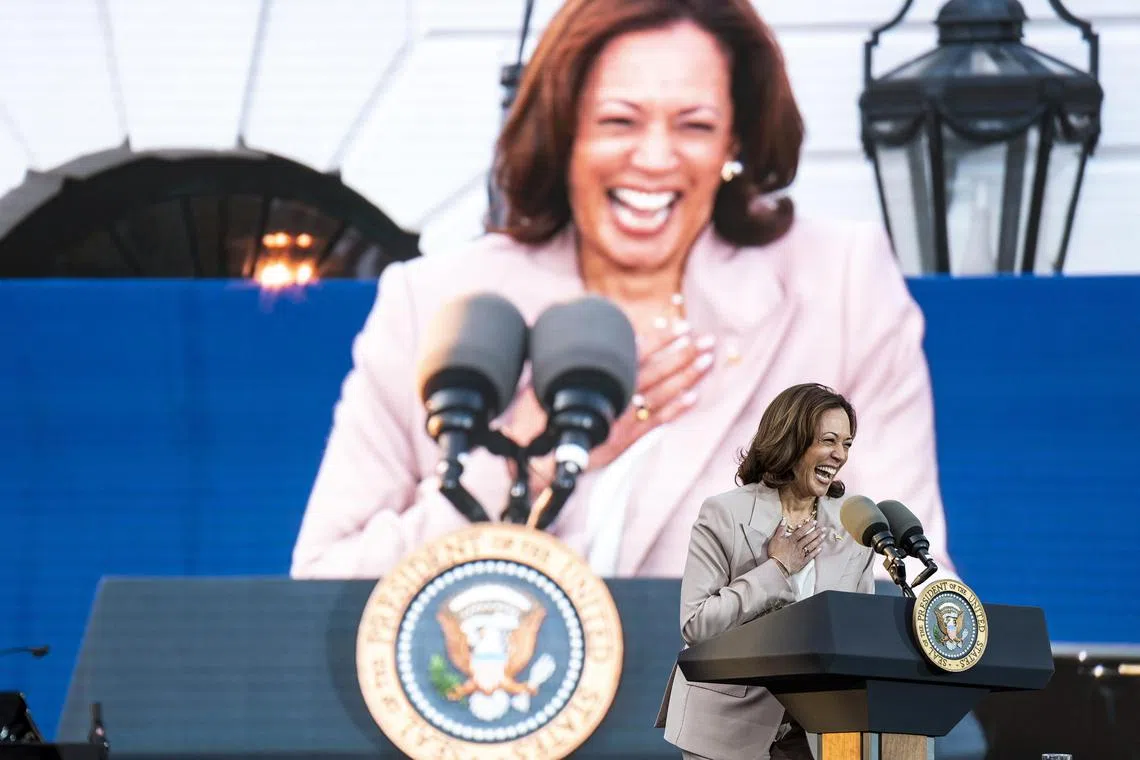 FILE Ñ Vice President Kamala Harris speaks during a concert commemorating Juneteenth on the South Lawn of the White House in Washington, June 13, 2023. Gen Z-ers are increasingly using IJBOL (pronounced Òeej-bowlÓ), which stands for ÒI just burst out laughing.Ó (Haiyun Jiang/The New York Times)