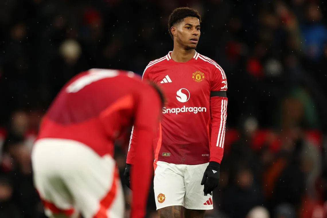 Manchester United's Marcus Rashford looks disappointed after losing the match against Nottingham Forest.