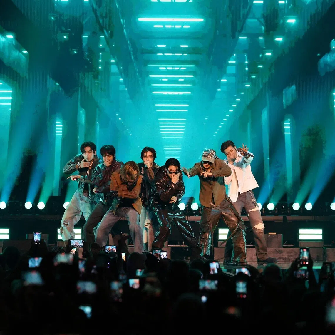 LAS VEGAS, NEVADA - SEPTEMBER 18: (L-R) V, Jungkook, Jimin, Suga, Jungkook, J-Hope and RM of BTS perform during the 2026 iHeartRadio Music Festival at T-Mobile Arena on September 18, 2026 in Las Vegas, Nevada.   Ethan Miller/Getty Images/AFP (Photo by Ethan Miller / GETTY IMAGES NORTH AMERICA / Getty Images via AFP)