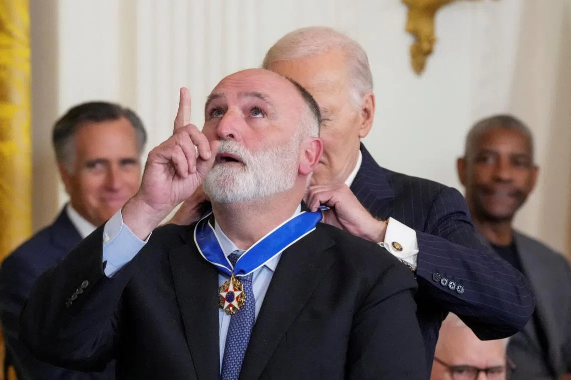 Chef and head of World Central Kitchen Jose Andres is awarded the Presidential Medal of Freedom by former US president Joe Biden on Jan 4.