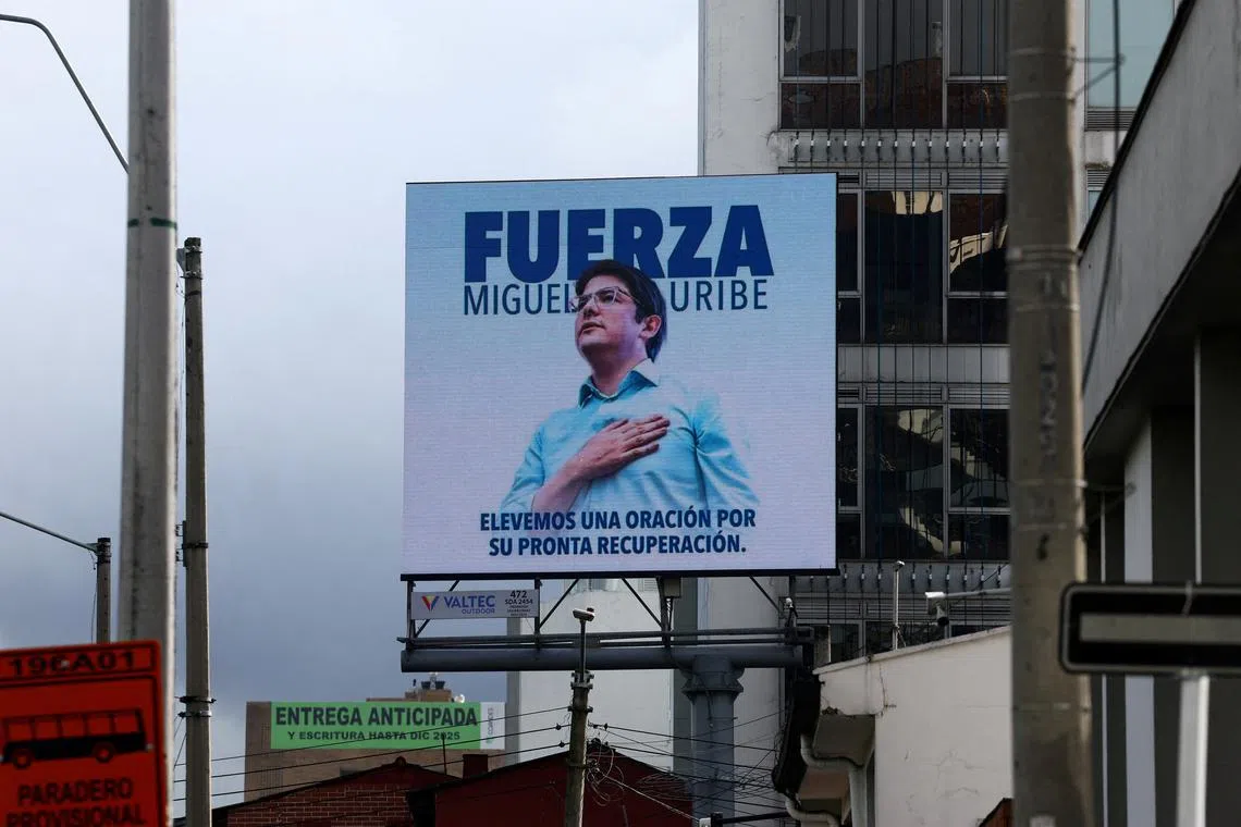 FILE PHOTO: An image of Colombian Senator Miguel Uribe Turbay of the opposition Democratic Center party is displayed, after he was shot during a campaign event, in Bogota, Colombia, June 10, 2025. REUTERS/Luisa Gonzalez/File Photo