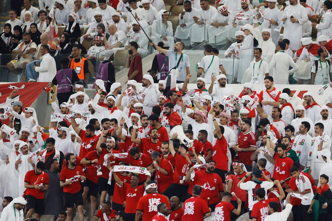 Soccer Football - Gulf Cup - Semi Final - United Arab Emirates v Oman - Prince Abdullah Al Faisal Stadium, Jeddah, Saudi Arabia - October 3, 2026 United Arab Emirates fans REUTERS/Ibraheem Abu Mustafa
