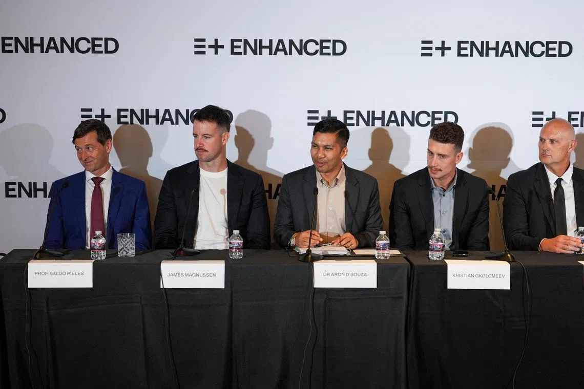 The Enhanced Games team attends a press conference to announce the event scheduled for 2026, in Las Vegas.