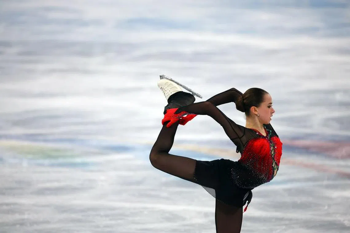 FILE PHOTO: 2022 Beijing Olympics - Figure Skating - Women Single Skating - Free Skating - Capital Indoor Stadium, Beijing, China - February 17, 2022. Kamila Valieva of the Russian Olympic Committee in action. REUTERS/Fabrizio Bensch/File Photo