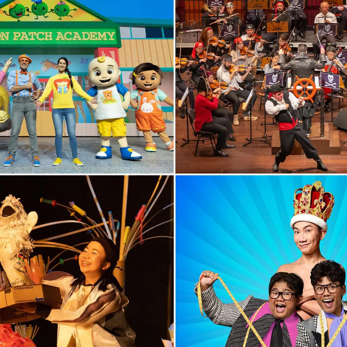 It’s showtime for kids: (clockwise from top left) CoComelon: Sing-A-Long Live, Singapore Symphony Orchestra's Concerts For Children series, The Emperor's New Clothes, and Phinny & Wally.