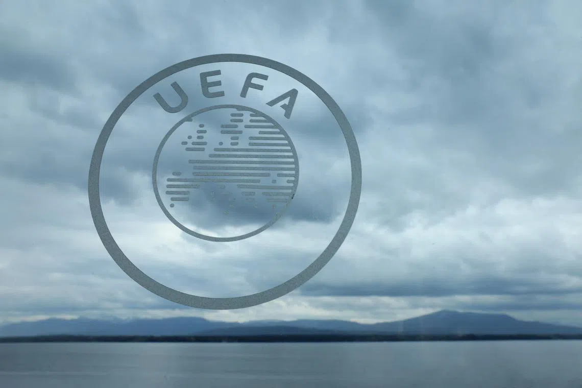FILE PHOTO: Soccer Football - Champions League - Draw For Quarter Final, Semi Final and Final - UEFA Headquarters, Nyon, Switzerland - March 15, 2024 General view of the UEFA logo after the draw REUTERS/Denis Balibouse/File Photo