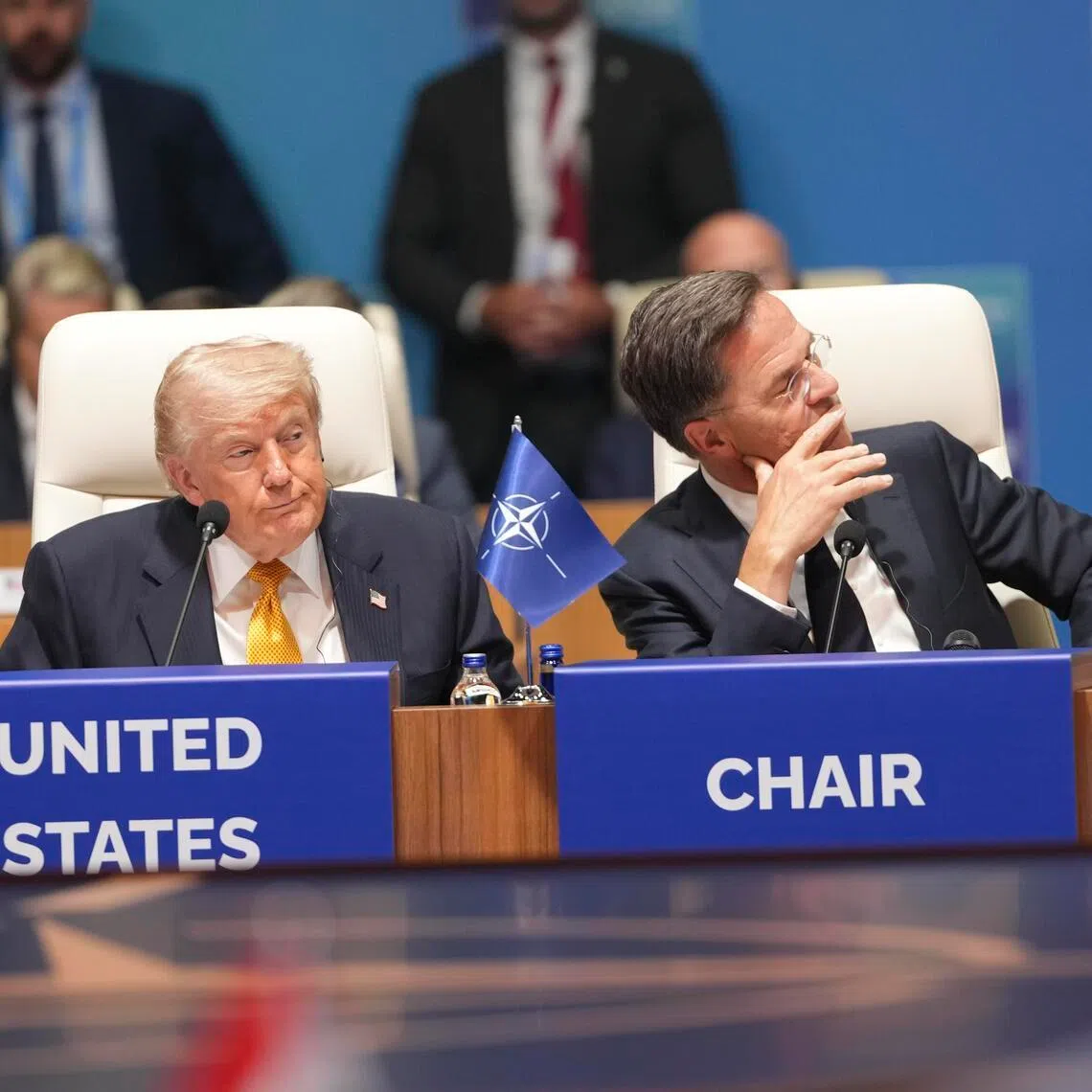 President Donald Trump, left, sits beside Mark Rutte, secretary general of NATO,  during a meeting of NATO at the NATO Summit in Ankara, Turkey, on Wednesday, July 8, 2026. Trump kicked off the second day of the summit by restating his “need” to control Greenland, blasting European allies as “hopeless” and threatening countries that did not support the U.S.-Israeli war on Iran. (Doug Mills/The New York Times)