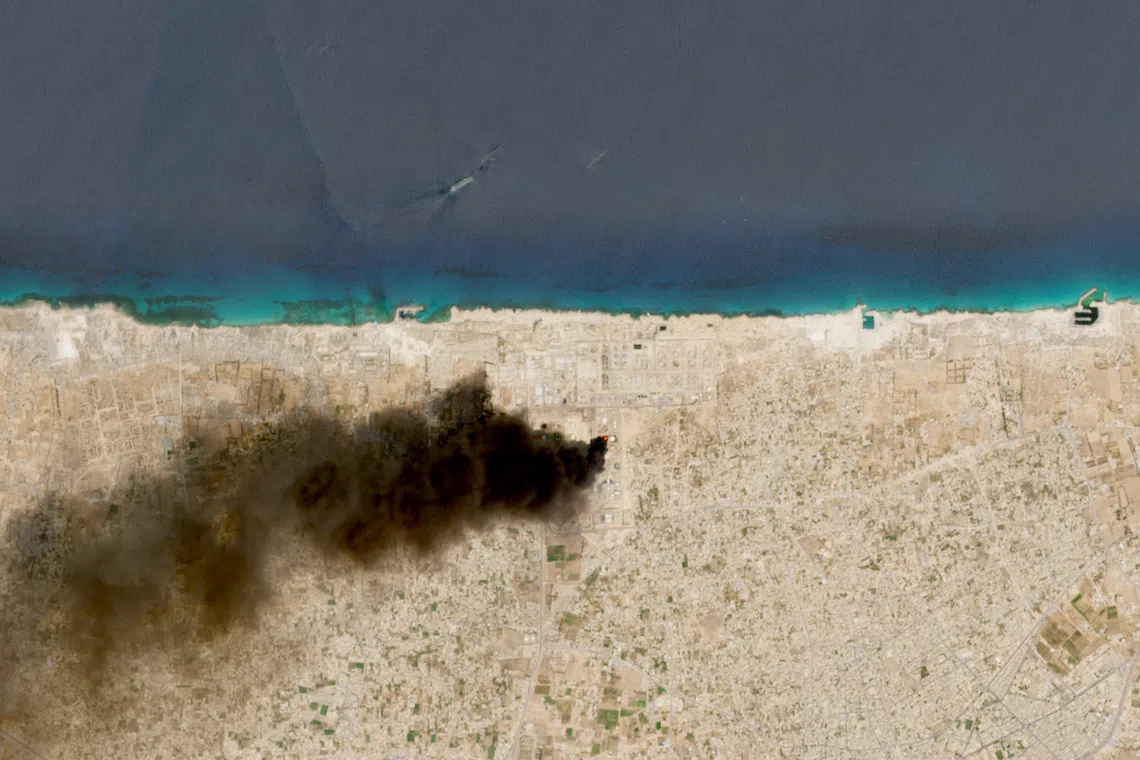 A satellite image shows smoke rising from the Zawiya oil complex following drone strikes, in Zawiya, Libya, August 11, 2026. European Union/Copernicus Sentinel-2/Handout via REUTERS