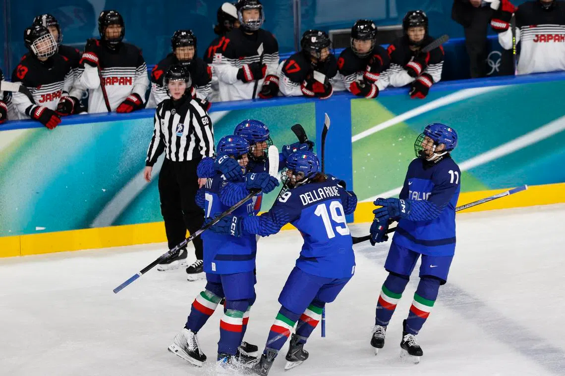 Milano Cortina 2026 Olympics - Ice Hockey - Women's Preliminary Round - Group B - Japan vs Italy - Milano Rho Ice Hockey Arena, Milan, Italy - February 09, 2026. Matilde Fantin of Italy celebrates scoring their second goal with teammaates REUTERS/David W Cerny