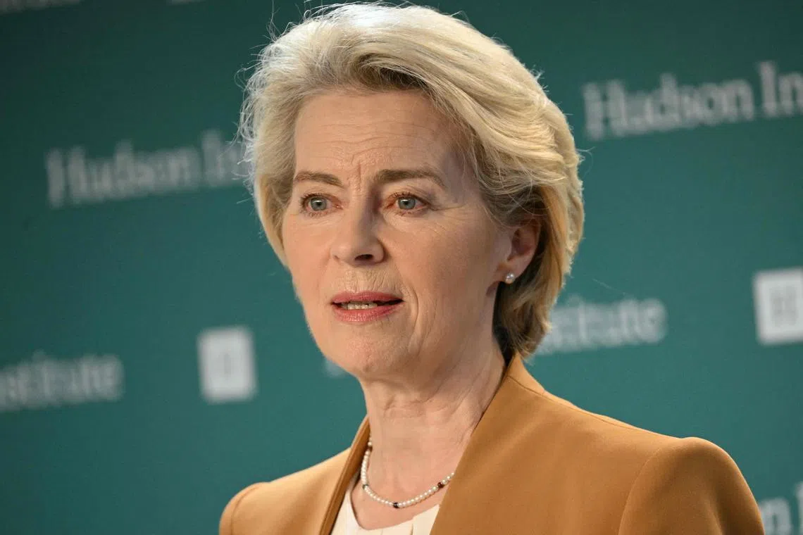 European Commission President Ursula von der Leyen speaks at the Hudson Institute in Washington, DC, on October 19, 2023. (Photo by Mandel NGAN / AFP)